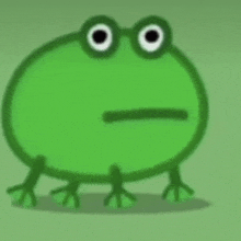 a green frog with glasses and a sad face is standing on a green surface .