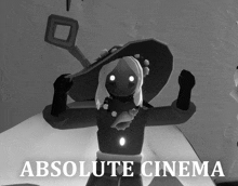 a black and white drawing of a witch with the words absolute cinema below it