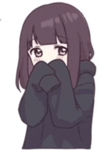 a cartoon girl is covering her face with her hands and a black hoodie .