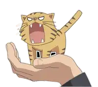 a hand is holding a cartoon cat with its mouth wide open