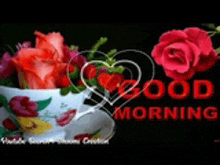 a cup of flowers with a heart and the words good morning on the bottom