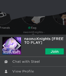 neon knights is a free to play game that allows you to chat with steel