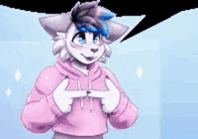 a furry character is wearing a pink hoodie and making a heart shape with his hands .