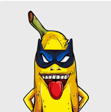 a cartoon of a banana wearing a mask with its tongue out