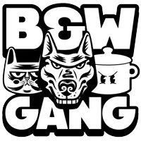 a black and white drawing of a dog a cat and a pot with the words bgw gang