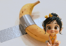 a little girl is sitting next to a banana that is taped together