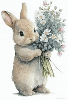 a rabbit is holding a bouquet of flowers in its hands