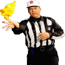 a referee in a black and white striped shirt is holding a yellow flag .