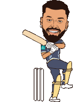 a cartoon of a man with a beard holding a cricket bat with emirates on his sleeve