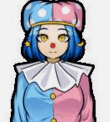 a pixel art of a girl dressed as a clown with blue and pink hair and a red nose .