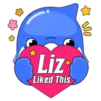 a blue dolphin holding a pink heart with the words liz liked this written on it