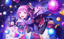 a girl with pink hair is surrounded by colorful balls