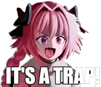 a girl with pink hair and purple eyes is sticking out her tongue and saying `` it 's a trap ! ''