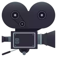 a cartoon drawing of a movie camera with a small circle on the bottom