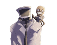 a man in a suit and tie is holding a small skeleton on his shoulder .