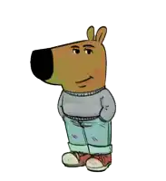 a cartoon bear wearing a grey sweater and jeans