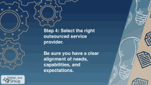 a blue background with gears and a light bulb with the words step 4 select the right outsourced service provider