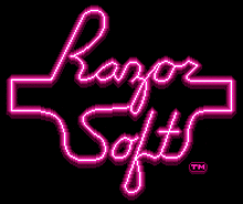 a neon sign that says razor soft in pink letters