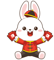 a cartoon rabbit is wearing a red jacket and holding two red envelopes with the letter r on them