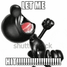 a black cartoon character with a red tongue is screaming and holding a fist in the air .