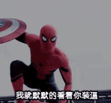 a close up of a spiderman holding a shield with chinese writing on it