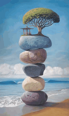 a painting of rocks stacked on top of each other with a tree on top of one of them