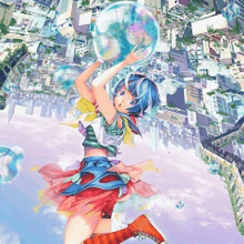 a girl with blue hair is flying through the air holding a globe