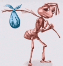 a cartoon drawing of an ant carrying a blue bag on its back