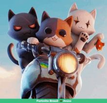 three cartoon cats are riding a motorcycle with the words fortnite brasil written below them