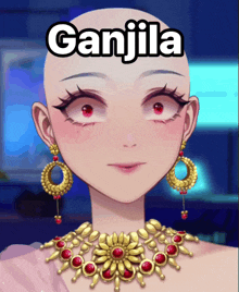 a picture of a girl with red eyes and the word ganjila on her head