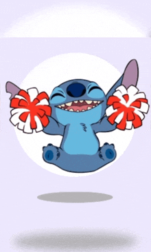 a cartoon of stitch cheering with red and white pom poms in his hands