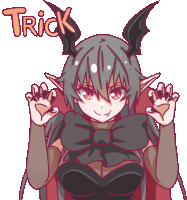 a cartoon drawing of a girl with horns and the word trick