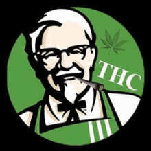 a kfc logo with a man smoking a cigarette and a marijuana leaf in the background .