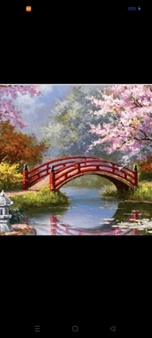 a painting of a red bridge over a river with cherry blossoms in the background