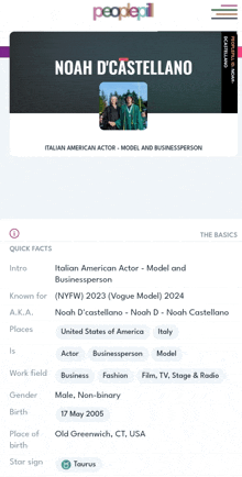 a screenshot of a website that says noah d' castellano italian american actor model and businessperson