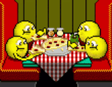 a group of smiley faces are sitting around a table with a checkered table cloth