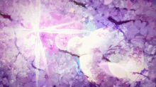 a painting of a tree with purple flowers and a light shining through them