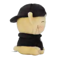 a stuffed animal wearing a black hat and a black hoodie