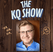 a man with glasses is smiling in front of a wooden wall with the ko show written above him