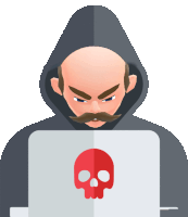 a man with a mustache and beard is using a laptop with a red skull on it