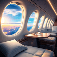 the inside of an airplane with a view of the clouds