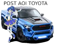 a blue toyota truck with a girl in front of it