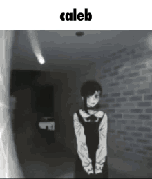 a black and white image of a girl with the name caleb on the bottom