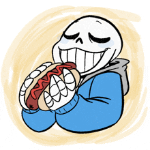 a cartoon drawing of a skeleton eating a hot dog with ketchup