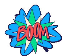 a colorful cartoon explosion with the word boom in red