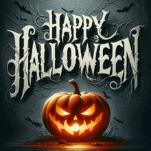 a halloween greeting card with a carved pumpkin and the words happy halloween