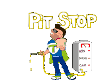 a cartoon of a man holding a gas pump and the words pit stop behind him