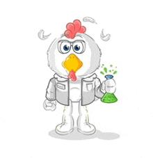 a chicken in a lab coat is holding a beaker and a test tube .