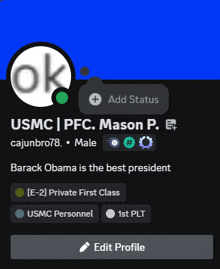 a screenshot of a usmc pfc mason p. 's profile