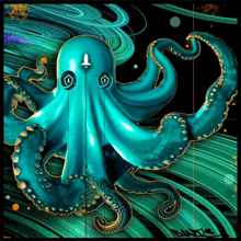 a painting of a blue octopus with the letter a on its head